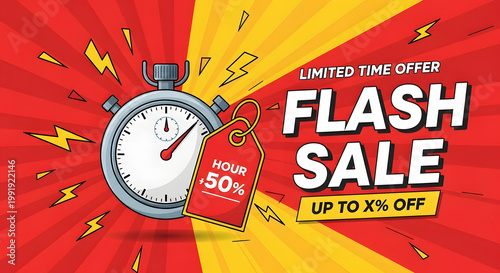 Flash Sale Alert: A dynamic flash sale advertisement with a stopwatch, vibrant colors, and enticing offers, promoting limited-time deals and compelling savings.