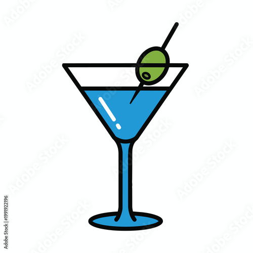 Minimalist vector illustration of a blue martini cocktail with an olive garnish.