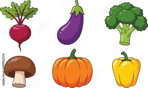 Fresh Vegetable Set Featuring Beetroot Eggplant Broccoli Mushroom Pumpkin and Bell Pepper in Flat Cartoon Style for Healthy Food Illustration Design.