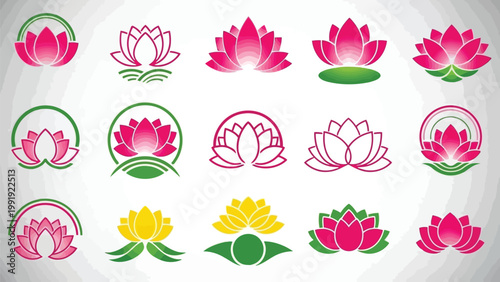 Colorful lotus flowers arranged in a decorative and symmetrical pattern
