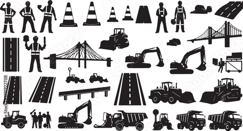 Construction Site Icons and Roadwork Silhouette Symbols Set