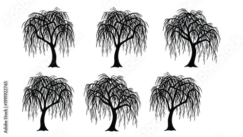 Six stylized black and white weeping willow trees in a minimalist art arrangement