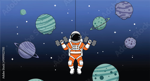 Astronaut floating in space surrounded by colorful planets with solar system