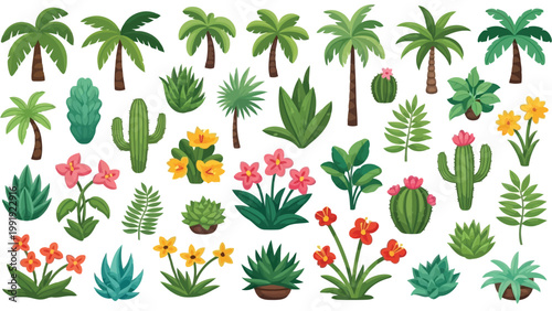 A vibrant collection of tropical and desert plants and flowers in a colorful illustration