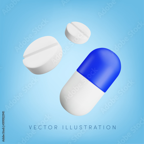 Vector cartoon 3d medical pills banner. Medicine, pharmacy and drugs sign. 3d realistic render of capsule and round pill on blue background. Vitamins, antibiotic, painkiller illustration for web, app.