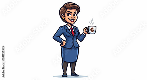 Businesswoman in Blue Suit Holding Coffee Mug, Smiling - Cartoon Character