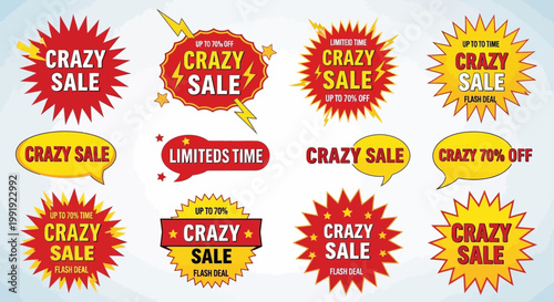Set of Crazy Sale Burst Badges, Labels, and Stickers for Retail and Marketing