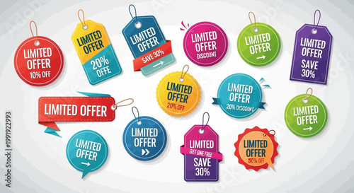 Collection of Colorful Limited Offer Sale Tags and Labels, Shopping Promotion Icons