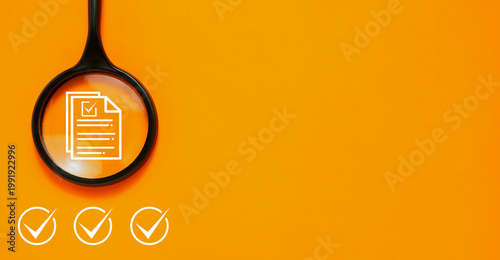 Fotografía Quality control, feedback evaluation, and digital data verification workflow, Survey document checking process showing magnifying glass focusing on online checklist form