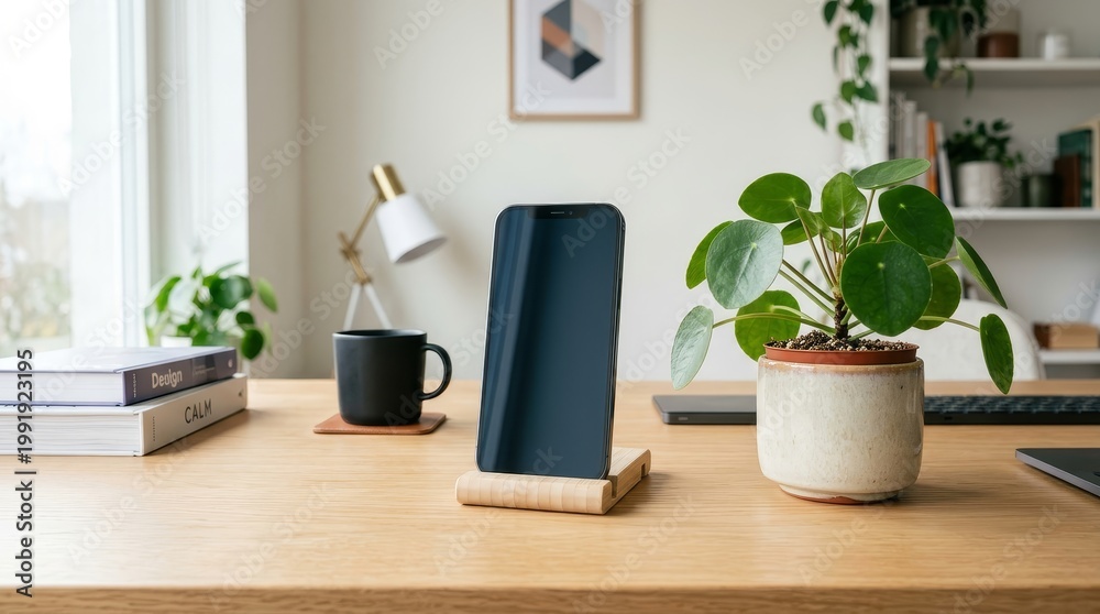 Fototapeta premium Smartphone mockup with plant on wooden desk stand
