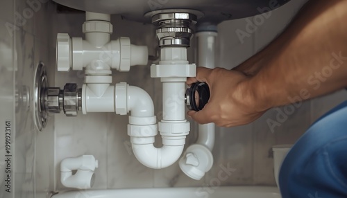 A person is tightening a pipe fitting under a sink as part of plumbing maintenance.