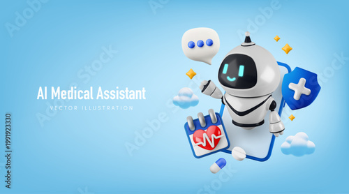 Vector cartoon 3d health and medical care mobile chat bot banner. 3d render robot, smartphone, medical calendar, shield, speech bubble, pills. AI medicine app, virtual healthcare assistant concept.