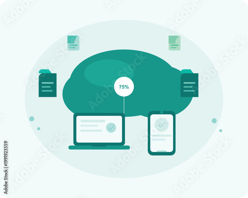 Cloud computing data storage concept vector, digital file synchronization with laptop and smartphone, online backup and network hosting service