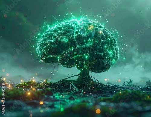 Eco-Friendly AI Brain with Green Neural Network and Organic Data Streams, Sustainable Technology Concept
