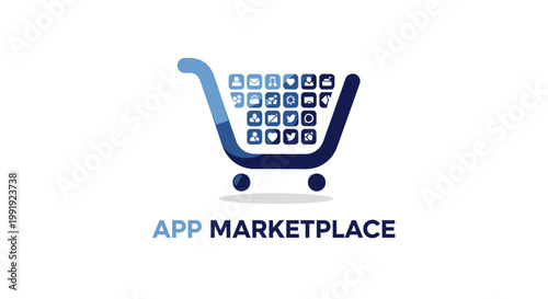 Modern App Marketplace Logo Depicting Shopping Cart and Icons.