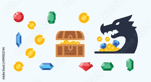 Treasure chest with colorful gems and a dragon illustration, treasure hunt