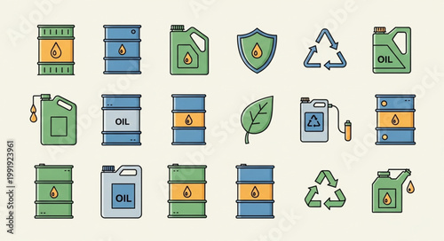 Collection of oil drums and canisters with recycling symbols.