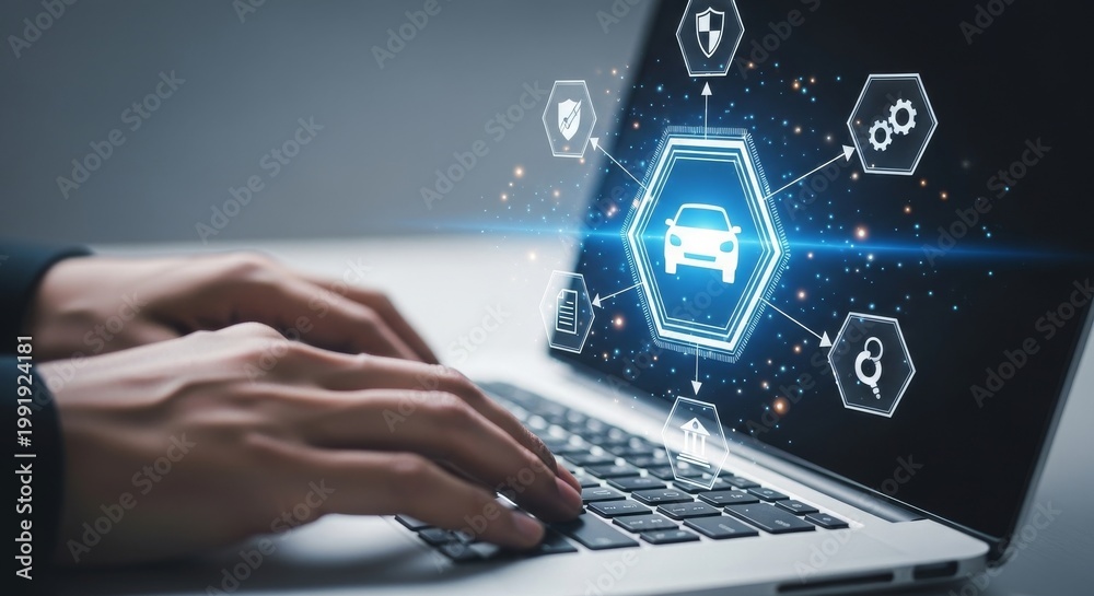 Obraz premium Professional using laptop with cybersecurity and car insurance digital icons