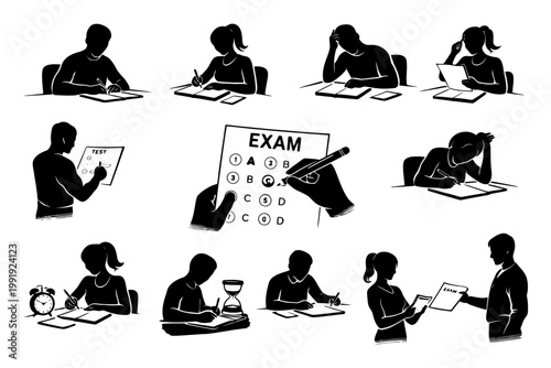 Silhouettes of students taking exams in various classroom settings.