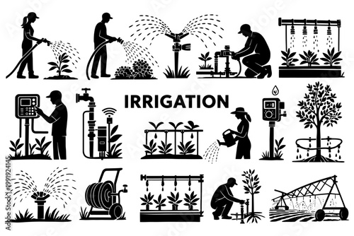 Various irrigation techniques for efficient water management in agriculture.
