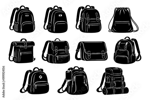 Collection of various backpack illustrations in black and white design.