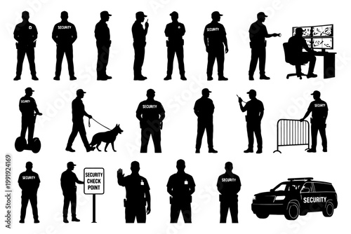 Silhouettes of security personnel in various roles and activities.