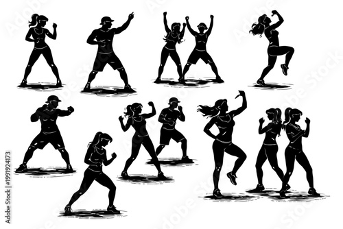 Silhouette group fitness aerobics workout routine with diverse movements.