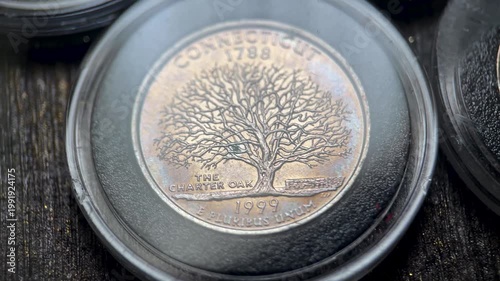 Macro Video of 1999 Connecticut State Quarter Dollar Coin with Charter Oak Design