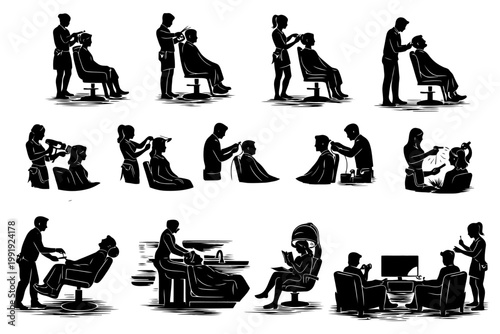 Silhouettes of hair salon activities with male and female stylists and clients.