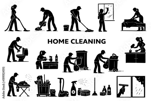 Silhouette home cleaning activities and equipment in black and white.