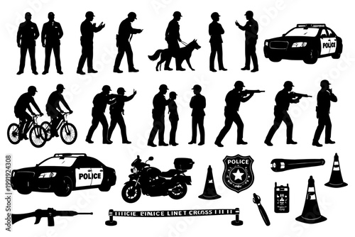 Silhouettes of police officers and equipment in various actions and poses.