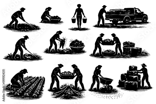 Silhouettes of farmers engaged in various agricultural activities.