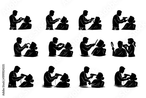 Barber and client silhouettes: hair cutting and styling scenes.