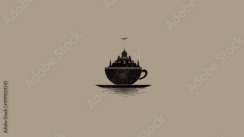 Artistic cup silhouette with castle illustration and bird against brown backdrop