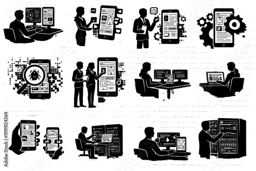 Silhouettes of software developers engaged in app design and programming tasks.