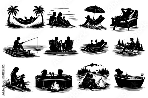 Silhouettes of relaxation: couples and individuals enjoying nature and tranquility.