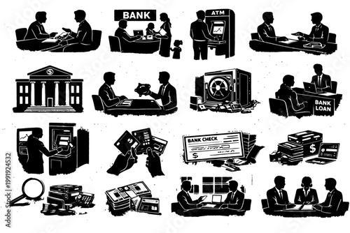 Business transactions and banking services in silhouette illustrations.