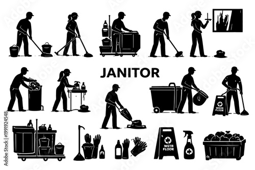 Silhouettes of janitors cleaning with equipment and tools.