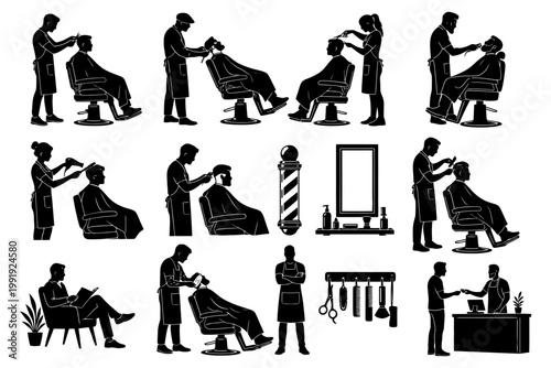 Barber shop scenes: men’s haircuts and grooming services in black silhouette illustrations.