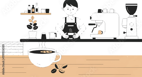 Coffee shop barista preparing a cup of coffee with coffee beans on the counter