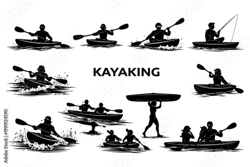 Silhouettes of diverse kayaking activities and poses in black and white.