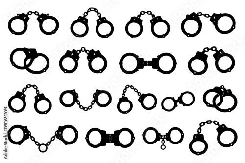 Collection of various black silhouetted handcuffs on white background.