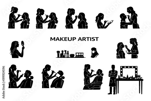 Silhouette makeup artist and clients with tools and mirror setup.