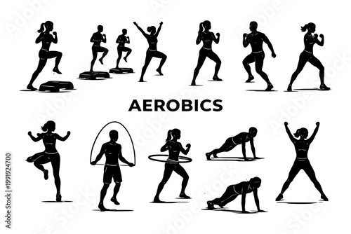 Dynamic silhouettes of people performing aerobic exercises and workouts.