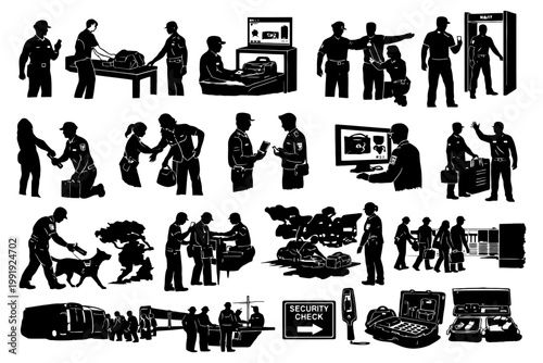 Airport security check process silhouettes.