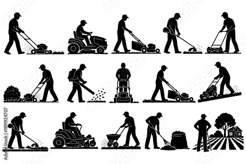 Silhouette illustrations of lawn maintenance workers performing various gardening tasks.