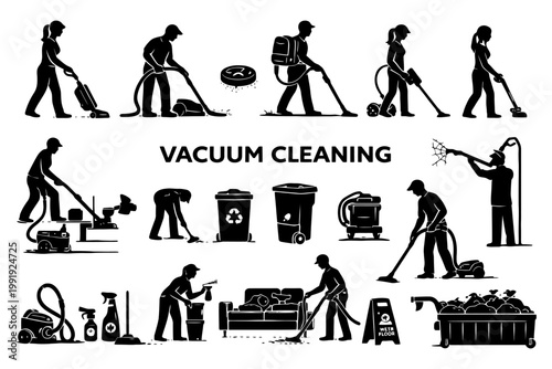 Silhouette collection of vacuum cleaning activities and equipment.