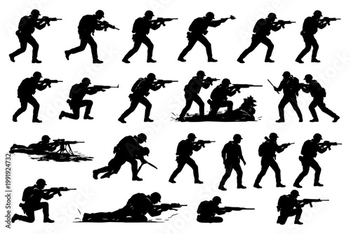 Silhouettes of armed soldiers in various combat poses.