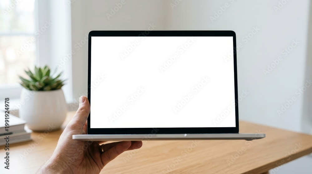Fototapeta premium Hand holding open laptop with blank screen on wooden desk