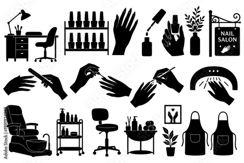 Nail salon elements: manicure tools, polish, hands, chair, lamp, aprons icons.